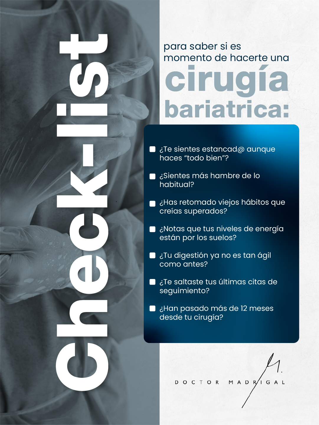 Check-list para saber si es momento de una revisión bariátrica: cansancio, hambre, viejos hábitos, energía baja, digestión, seguimiento y más de 12 meses desde tu cirugía.